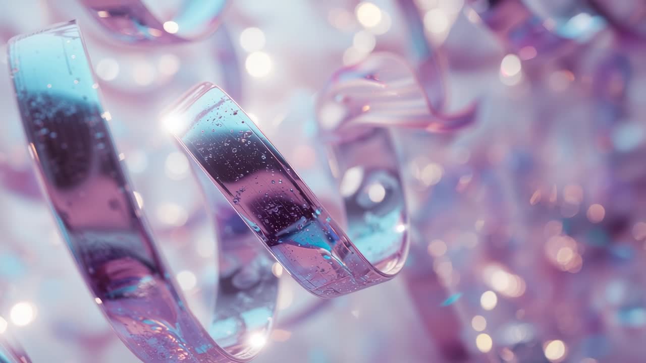 Panning camera revealing spiral ribbons rotating on pastel backdrop, with droplets and bokeh lights