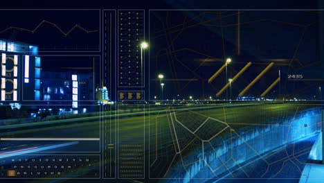 animation of graph, lines, navigation concept over time-lapse of moving vehicles against buildings