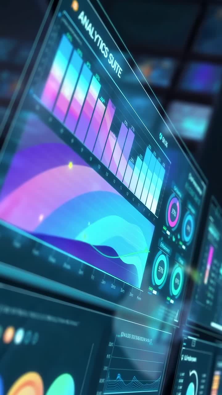 Futuristic video concept with digital graphs, angled view, glowing blue and purple tones