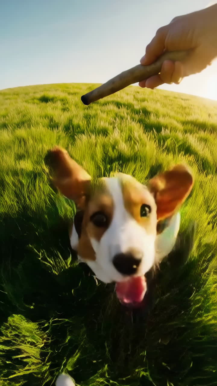 Cucciolo di Beagle giocoso che insegue un bastone in un campo erboso.