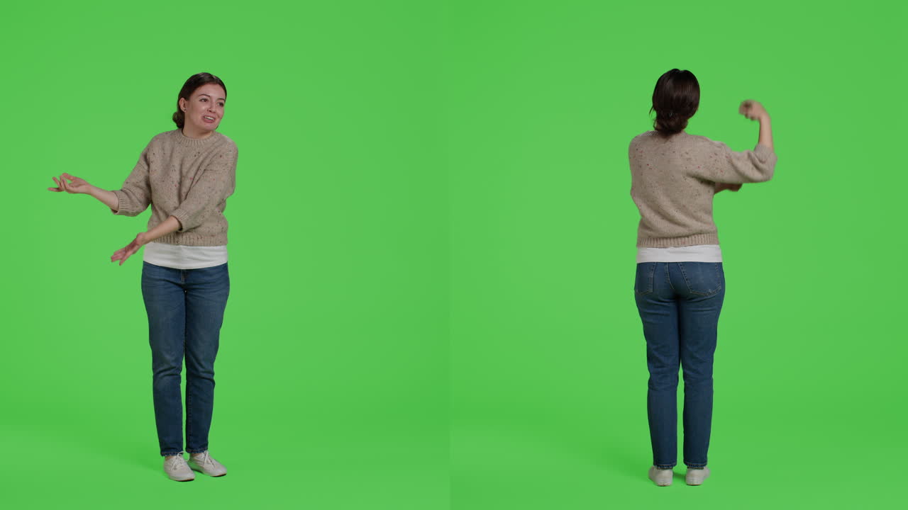 Woman presenting something on a green screen