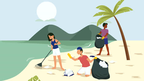 una animación de una gente limpiando el concepto de ilustración de la playa