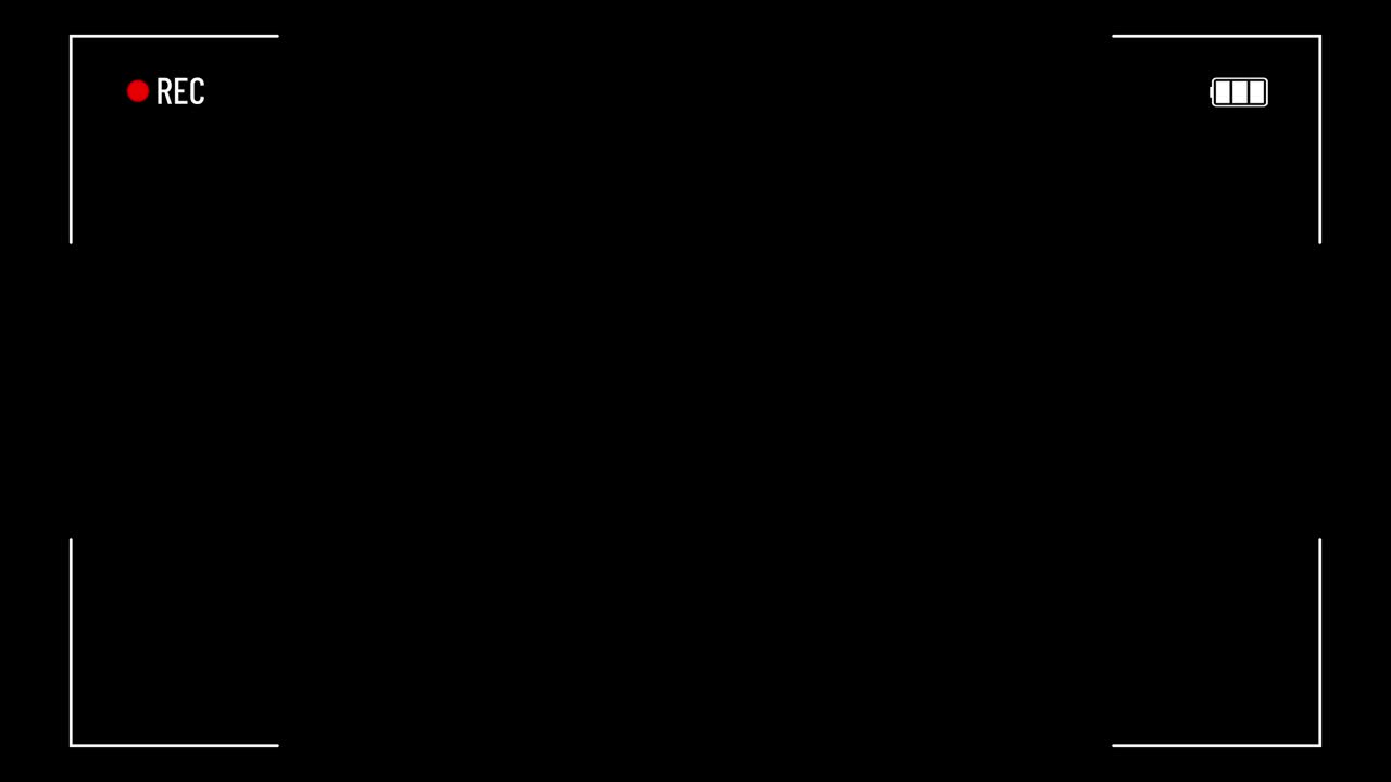 pantalla de la cámara de grabación del visor con marcos de rayas blancas en un fondo negro y verde. botón de recuperación rojo parpadeante. animación de descarga de batería.