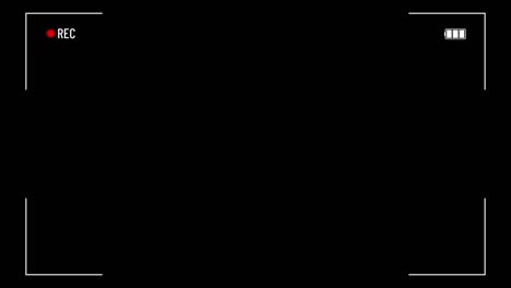 pantalla de la cámara de grabación del visor con marcos de rayas blancas en un fondo negro y verde. botón de recuperación rojo parpadeante. animación de descarga de batería.