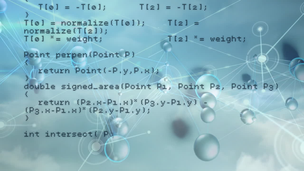 Computer code with animation overlaying network and water droplets on blue background