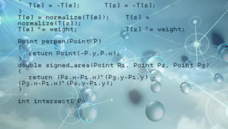 computer code with animation overlaying network and water droplets on blue background