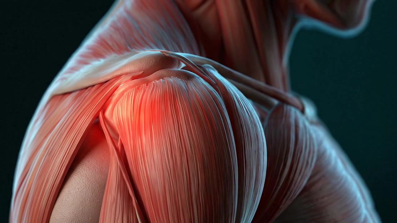 Animazione medica 3D dell'anatomia e del dolore dei muscoli della spalla umana