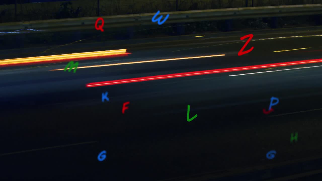 animación de letras que caen sobre el paisaje urbano