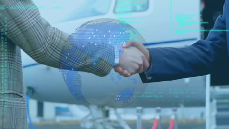 spinning globe and data processing on mid section of two businessmen shaking hands at airport runway