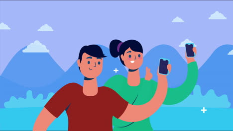 pareja usando teléfonos inteligentes e iconos de redes sociales