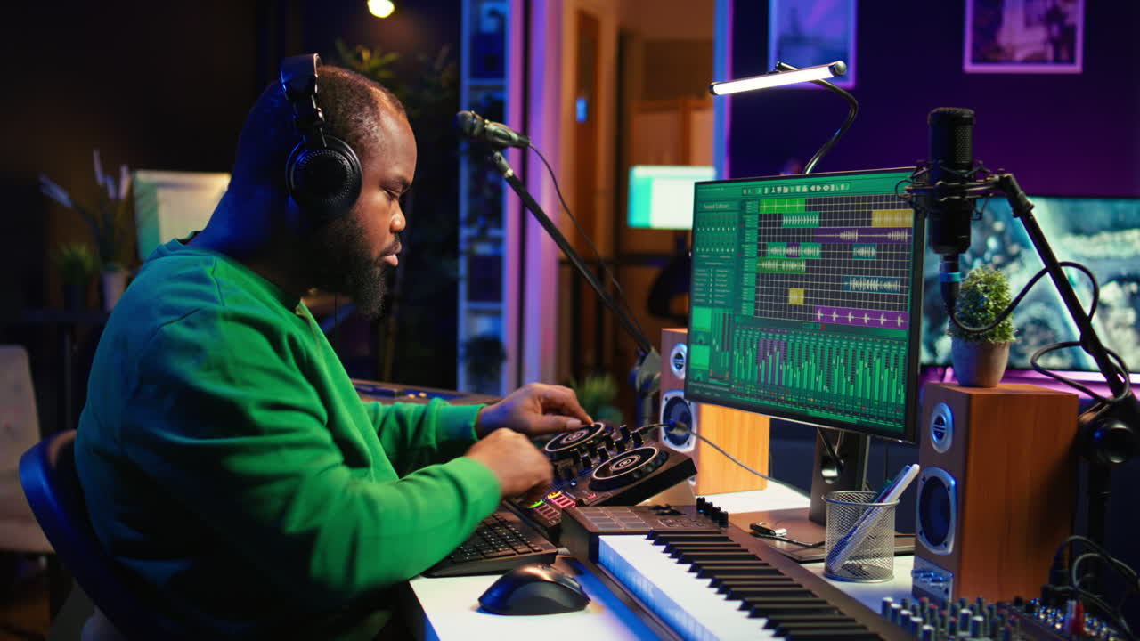 productor de música hábil que compone nuevas bandas sonoras en consola y software daw