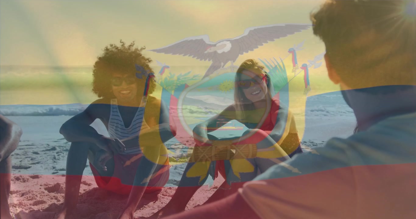 Animação da bandeira do Equador tremulando sobre amigos diversos sentados e conversando na praia.