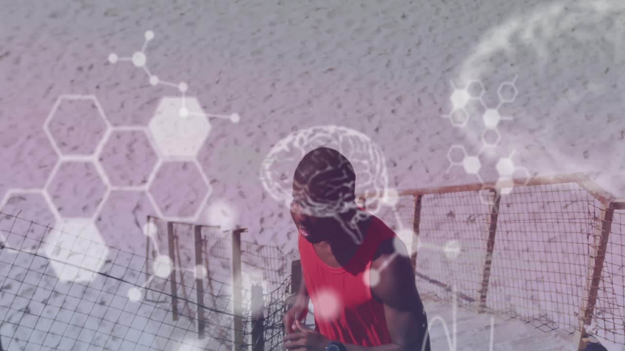 procesamiento de datos médicos contra un hombre afroamericano en forma subiendo las escaleras en la playa