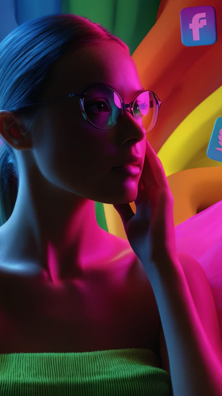 Un ritratto etereo di una donna su uno sfondo arcobaleno vibrante, che enfatizza la luce colorata e le icone dei social media per un impatto visivo sorprendente.
