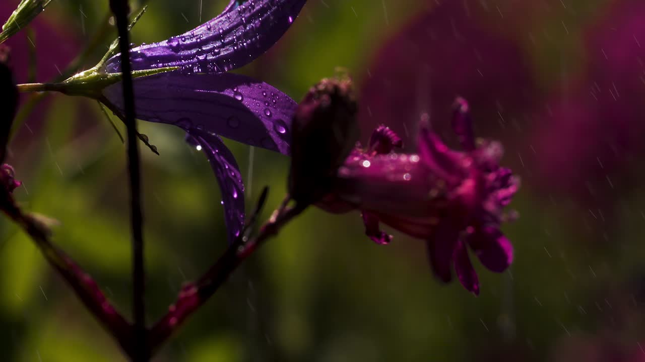 flor de campana púrpura con gotas de lluvia y flores rosadas