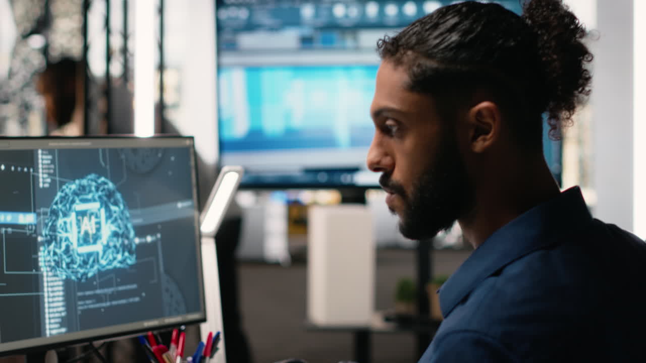 Vertical Video Middle eastern guy uses AI neural networks for urban redevelopment