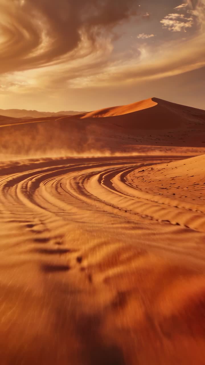 Video verticale: Vento che solleva la sabbia, telecamera che segue tracce di pneumatici curve attraverso il deserto verso una duna.