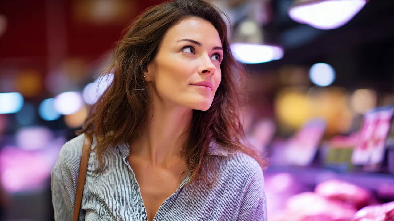 Uma mulher de cabelos castanhos e expressão pensativa explora o corredor vibrante de um supermercado, cercada por expositores coloridos de produtos frescos e diversos itens alimentícios, capturando a essência das experiências de compra modernas