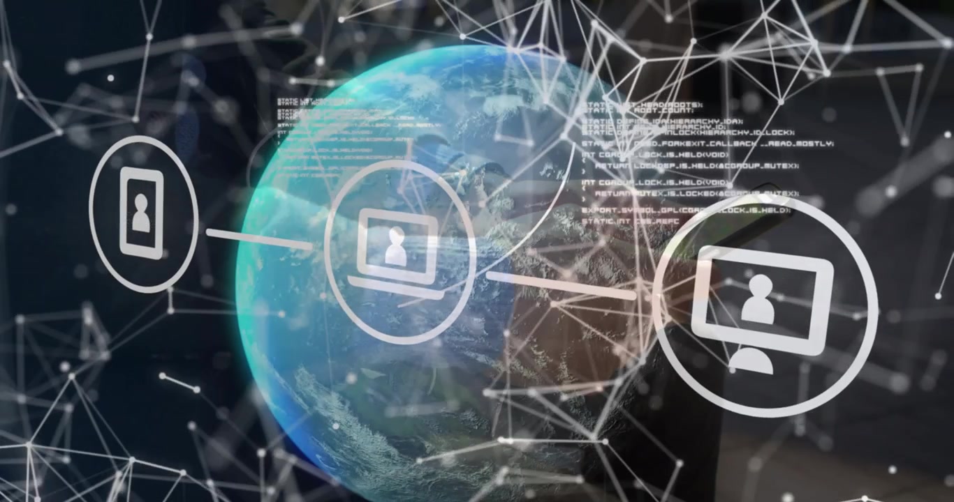 Animation af netværk af forbindelser med ikoner og globus med data over en mand, der bruger smartphone.