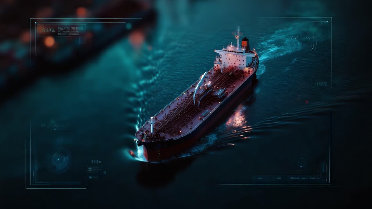 Large cargo ship sails through dark water at night. Glowing lights reflect off the ship's hull and surrounding sea. Futuristic HUD overlays enhance the scene with digital elements
