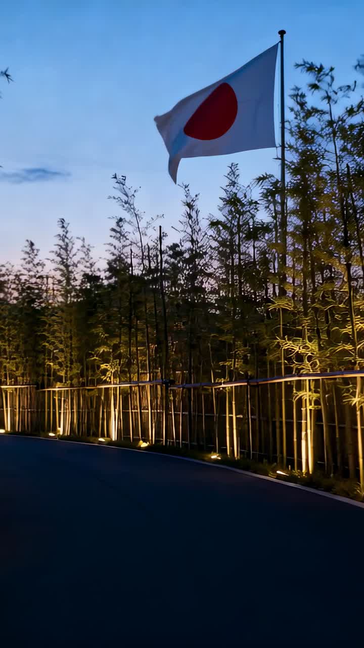 Video verticale: Brezza che si alza, bandiera del Giappone che sventola e si gira, luci che illuminano un viale di bambù, viaggio.