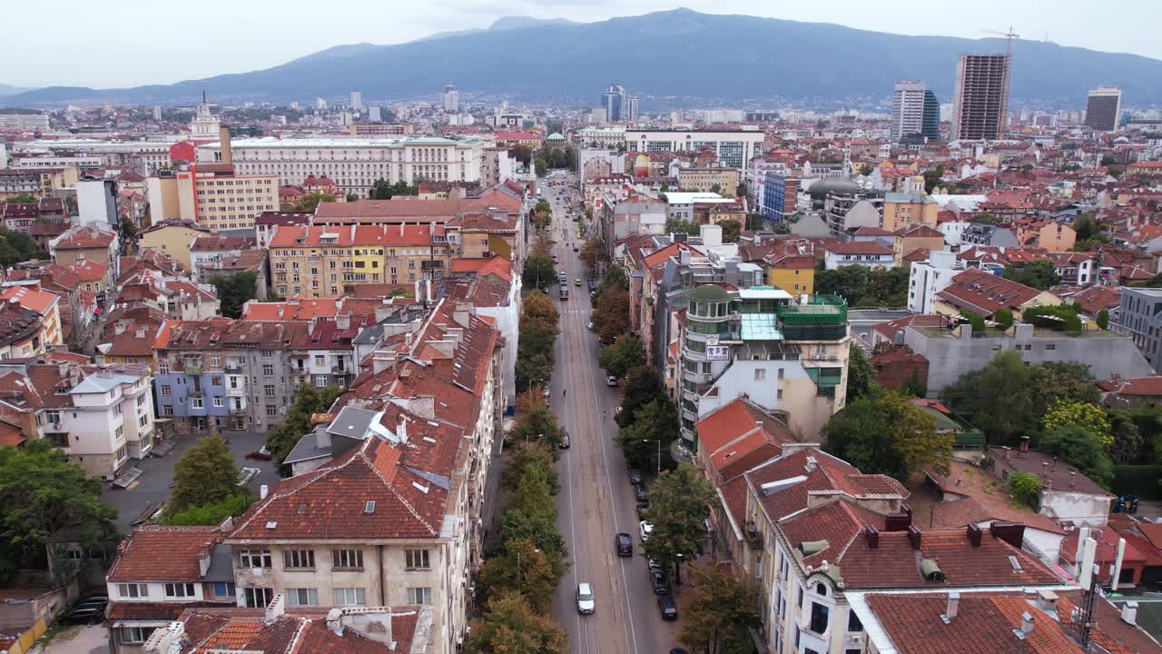 Downtown Sofia Bulgaria. Apartment and Government Buildings, Street Traffic, Drone Aerial View