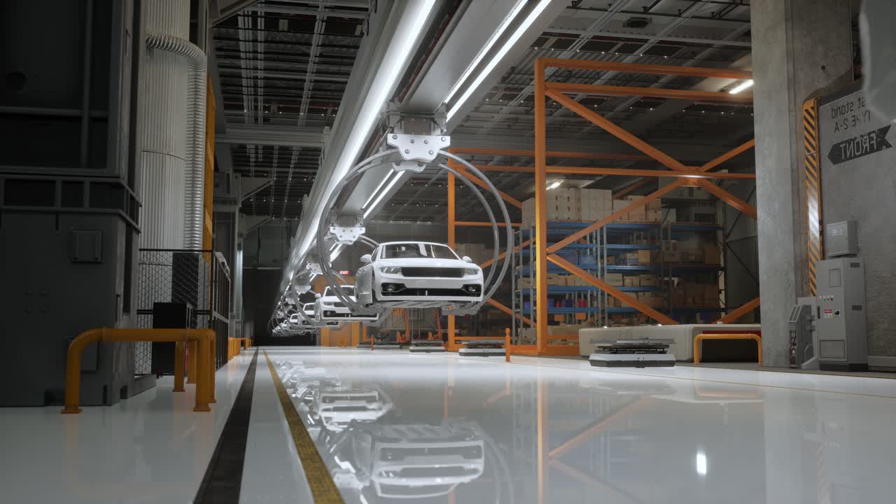 고성능 전기 자동차 제조: 자동차 배터리가 조립 라인에서 전기 차량에 부착되고 agv 수송 배터리