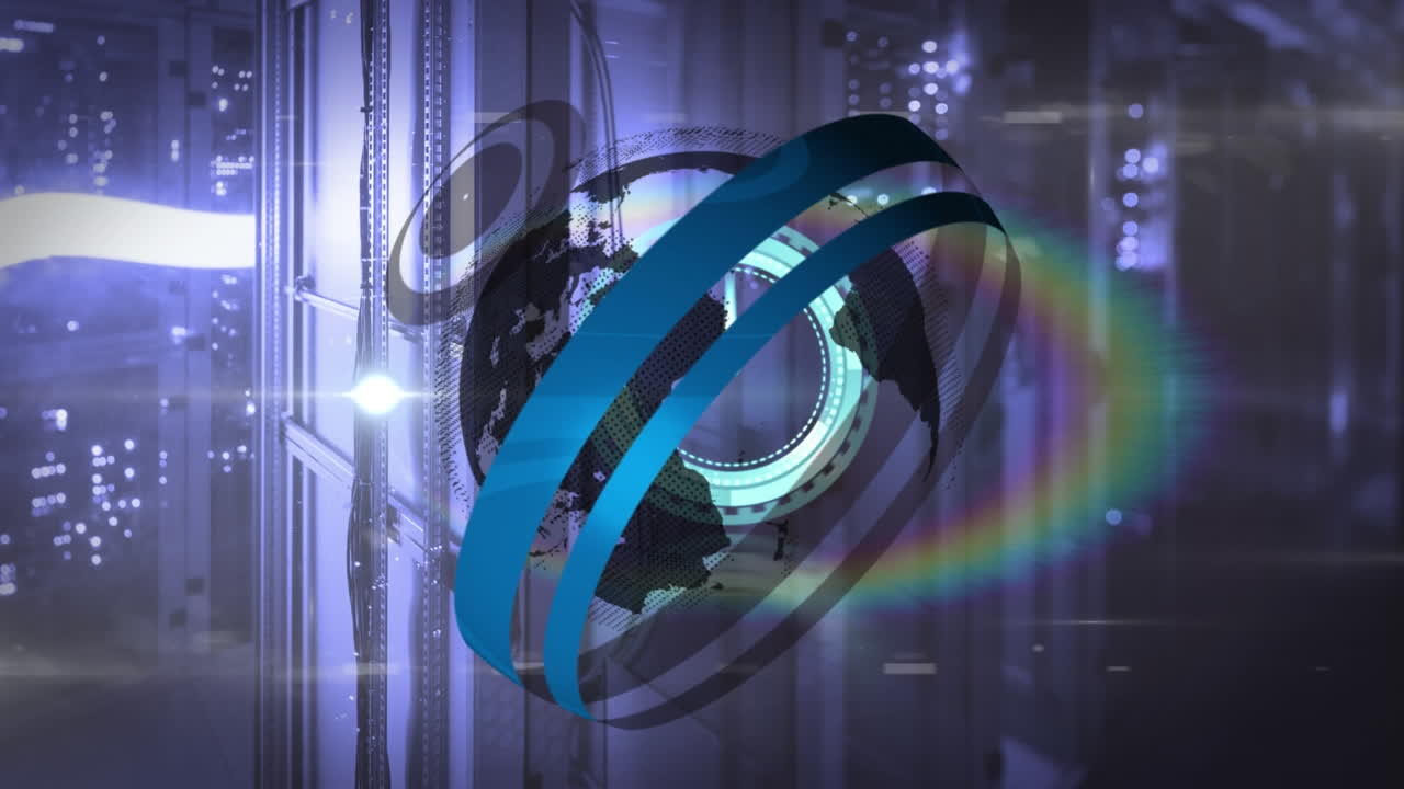 Animation of globe, clock moving fast and data processing over computer servers