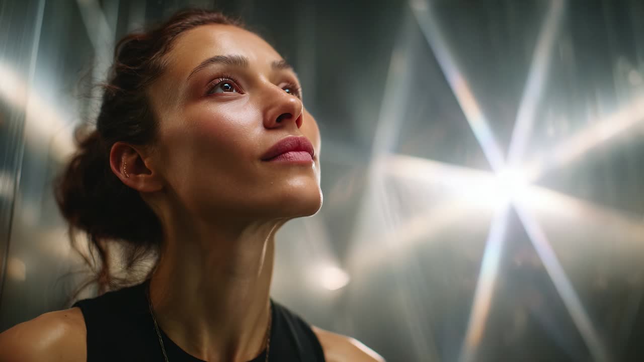 A woman gazes upward, embodying hope and serenity, with a soft glow of light illuminating her features, capturing a moment of introspection and quiet determination in a reflective space