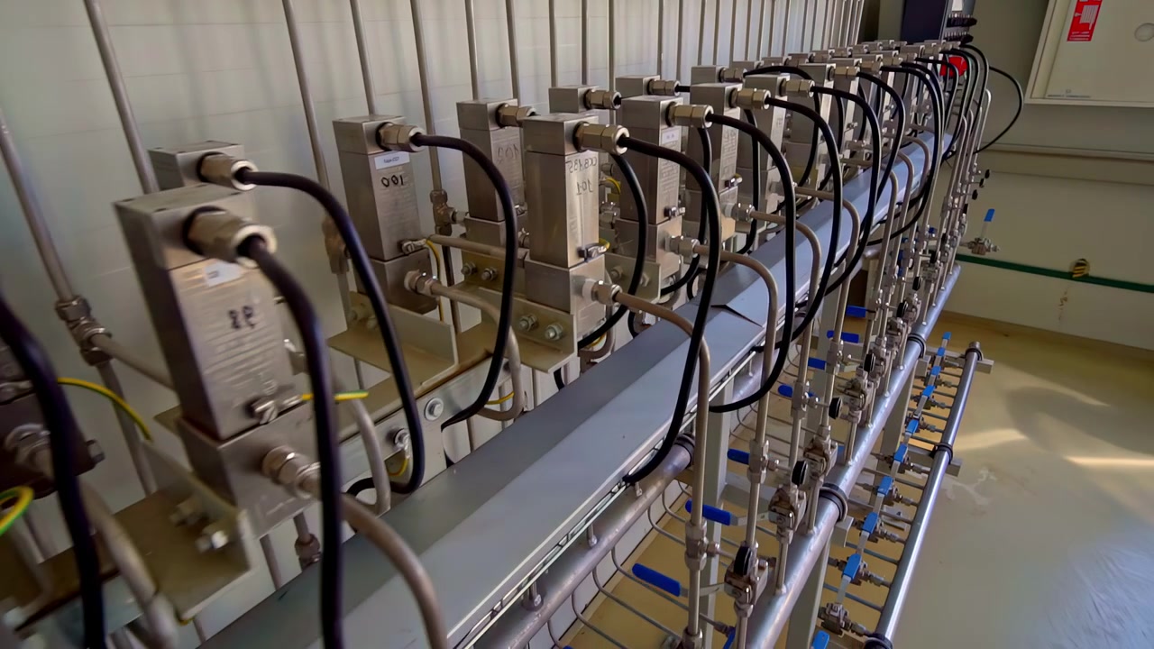High tech laboratory gas control system with steel pipes, valves, and electronic equipment