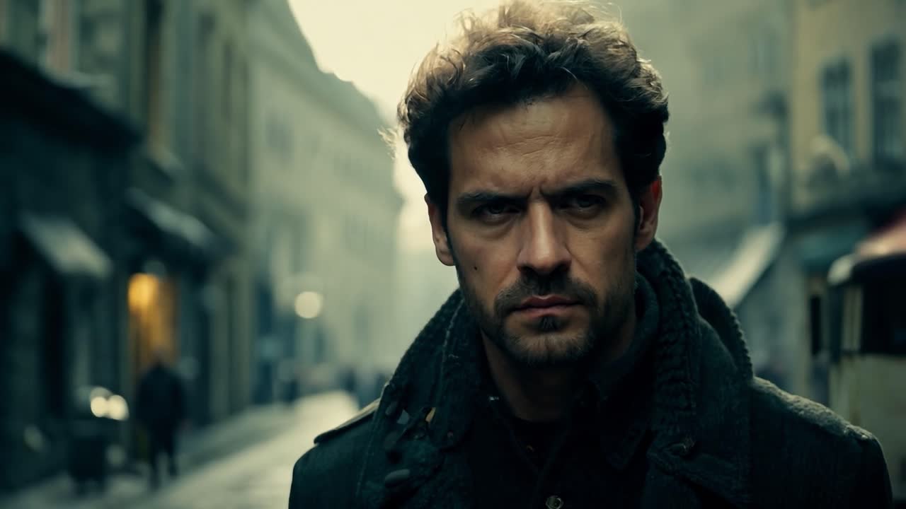 un hombre con un abrigo mira a la cámara en una calle de la ciudad