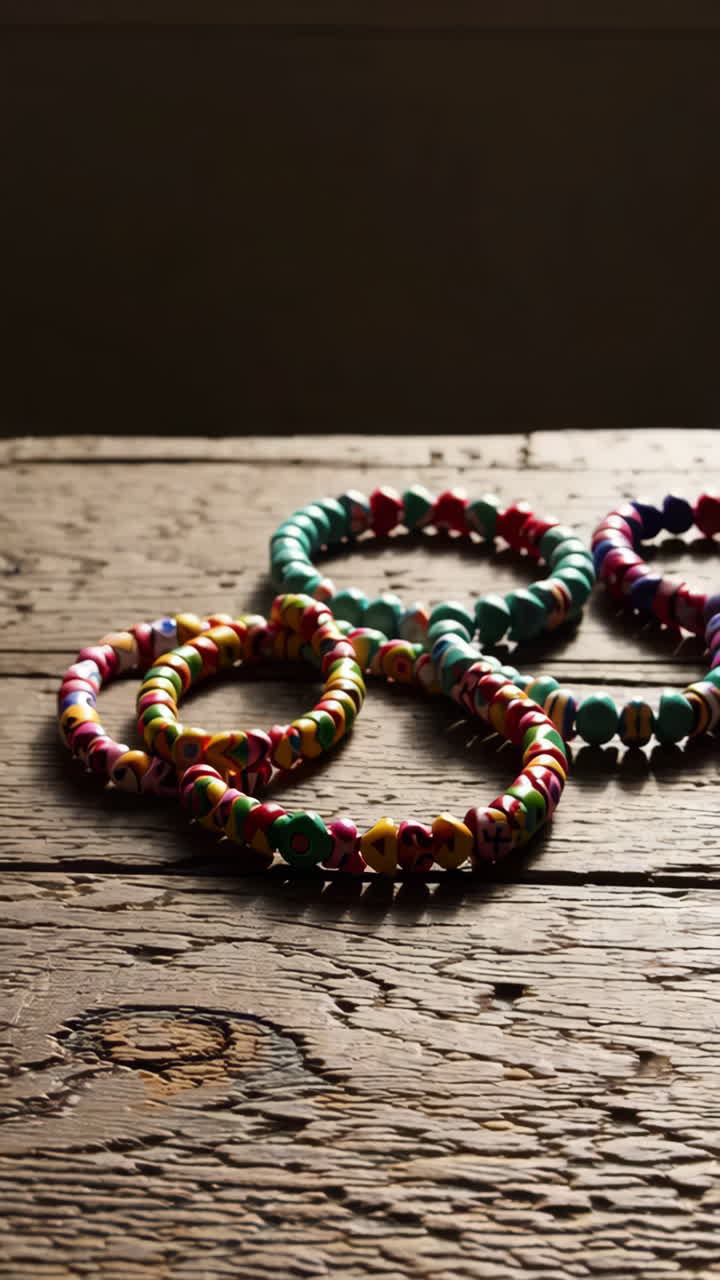 Colorful Beaded Bracelets on Wooden Table
