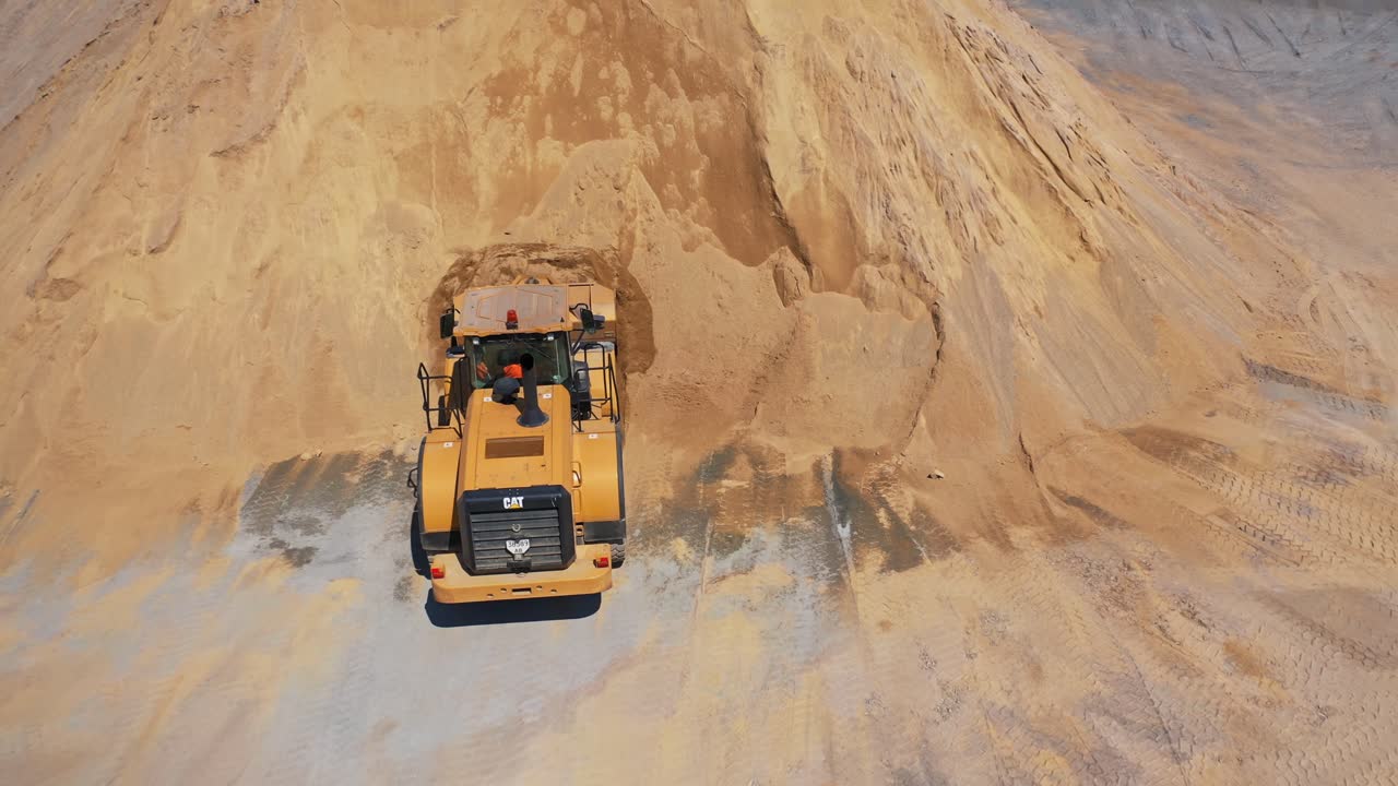 Aerial view of construction place. Industrial excavator working on construction site, aerial drone view