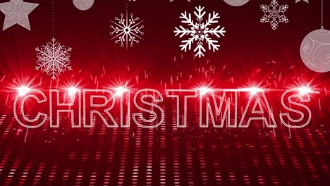 animation of christmas text with decorations over glowing light