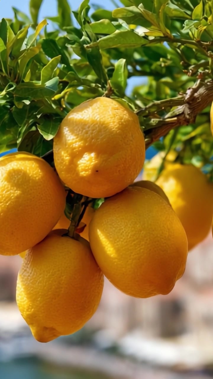 Un abbondante grappolo di limoni succosi appesi a un vibrante ramo verde, su un bellissimo sfondo sfocato in un ambiente luminoso e soleggiato.