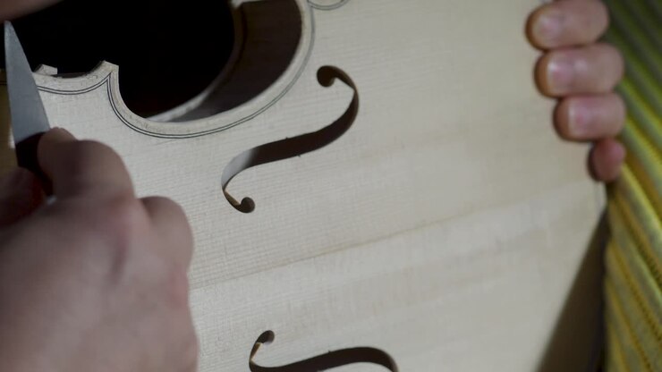 Primo piano macro di un liutaio artigiano al lavoro su un nuovo violino classico grezzo fatto a mano, che leviga il bordo nella vita e usa una raspa per intarsio sul banco da lavoro del suo laboratorio a Cremona, Italia. Video 4K.