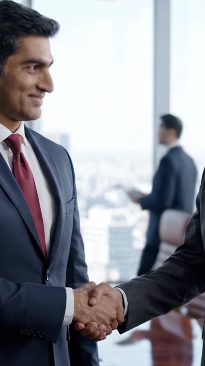 Due professionisti impegnati in una conversazione amichevole in un moderno ufficio con una splendida vista sulla città sullo sfondo.