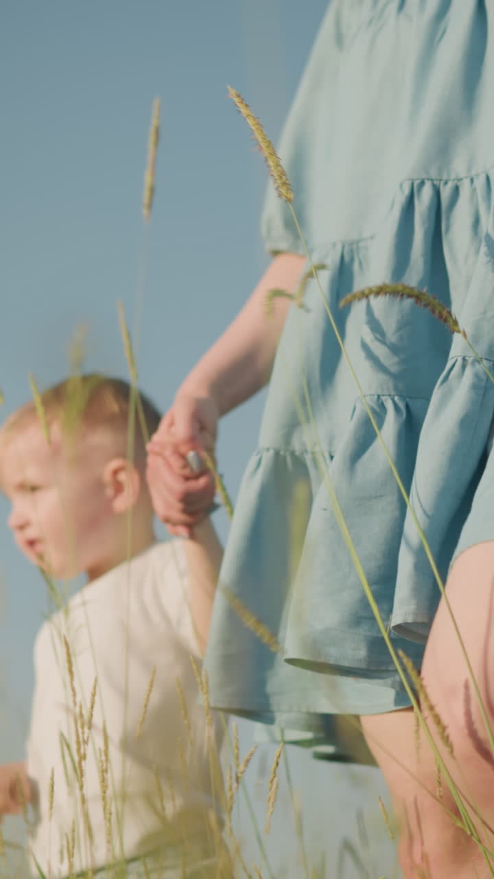 얼굴이 보이지 않는 파란색 드레스를 입은 한 여인이 바구니를 들고 두 어린 아들과 함께 잔디을 가로질러 손잡고 고 있다.