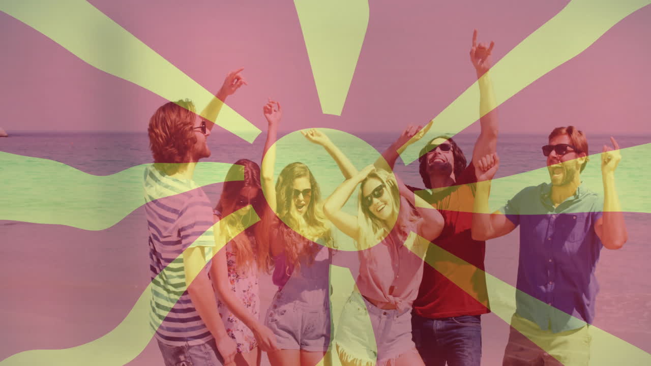 북 마케도니아 발 애니메이션과 함께 해변에서 춤을 추는 친구 그룹