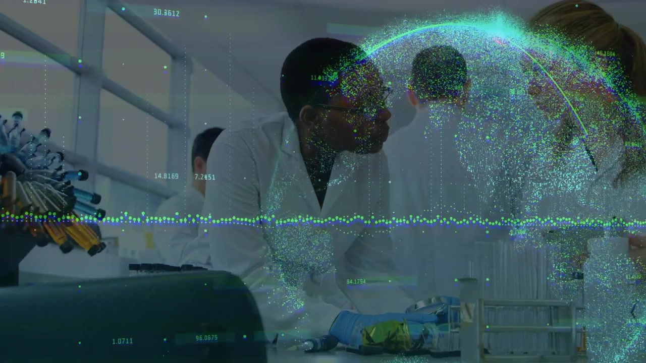 Diverse coworkers at bench leaning, male using pipette, female inspecting tubes as overlay building