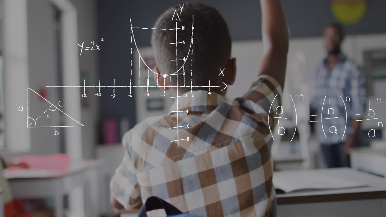 Animation of maths calculations over african american male teacher and pupils raising hands in class