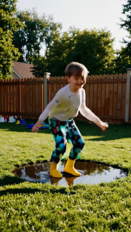 a child joyfully jumping and splashing in a puddle in a sunny backyard