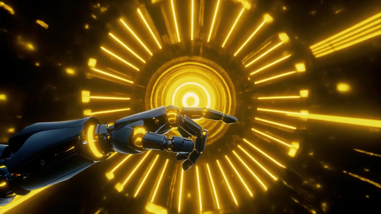 Robotic Hand Reaching Toward Glowing Golden Digital Portal