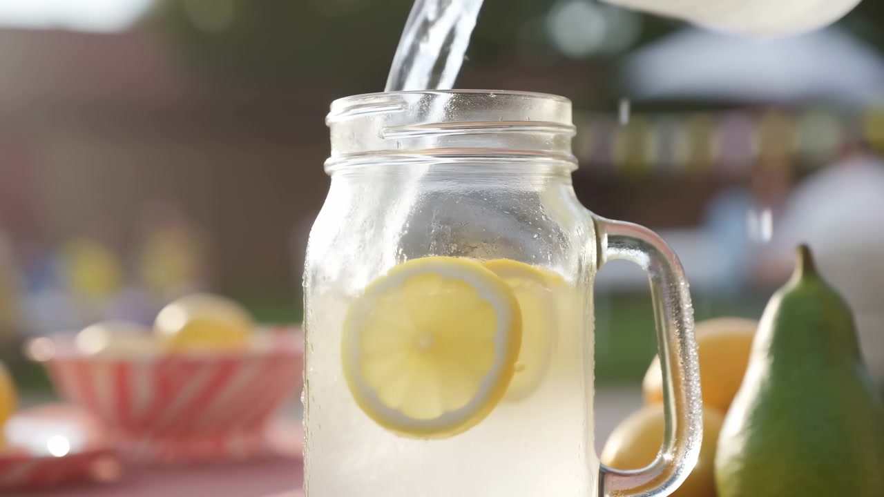 Vista ravvicinata di acqua limpida che si versa in un barattolo di vetro con manico pieno di fette di limone, posizionato su un tavolo con una morbida luce diurna e uno sfondo di cucina sfocato.