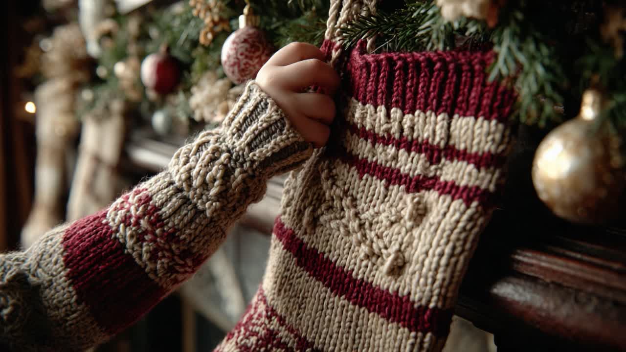 A Cozy Holiday Scene Featuring a Hand-Knitted Christmas Stocking Hung by the Fireplace, Adorned with Decorations and Set in a Warm, Festive Atmosphere