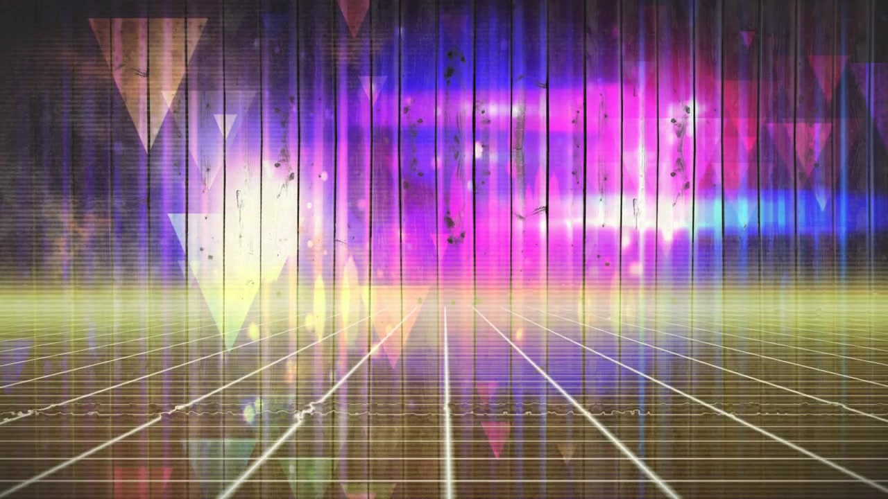 Sfondo in stile Retro Synthwave con griglia luminosa e triangoli fluttuanti