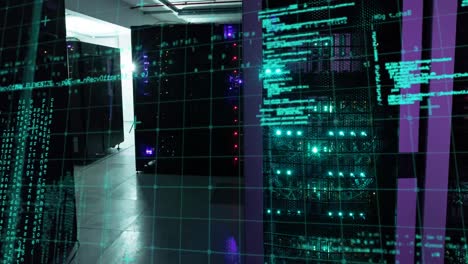 composite video of data processing against computer server room