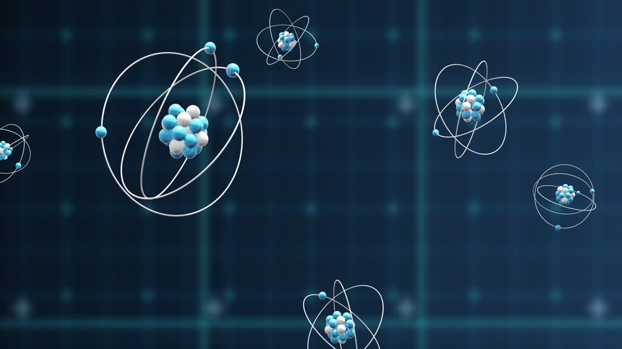 검은색 배경에서 회전하는 원자 모델의 애니메이션 및 데이터 처리