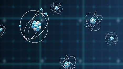 animación de modelos atómicos giratorios y procesamiento de datos en fondo negro