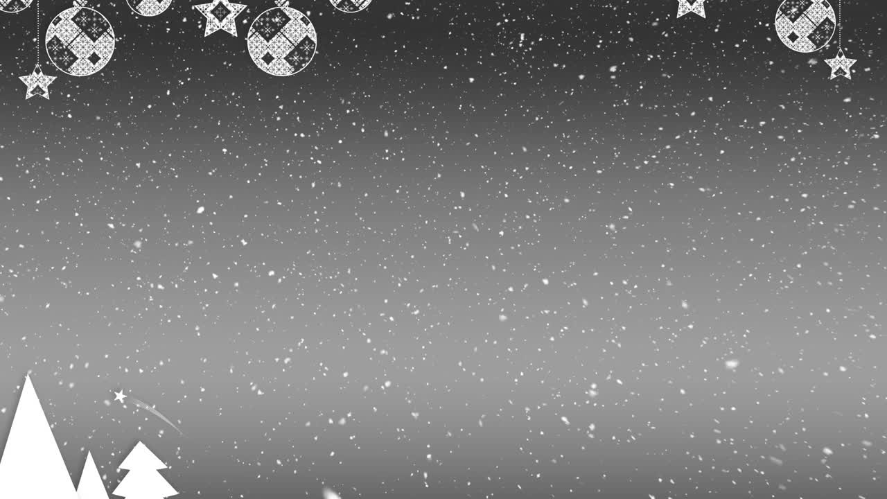 크리스마스 장식품과 별 장식품이 매달려 있고 겨울 땅에 눈이 내리는 디지털 애니메이션